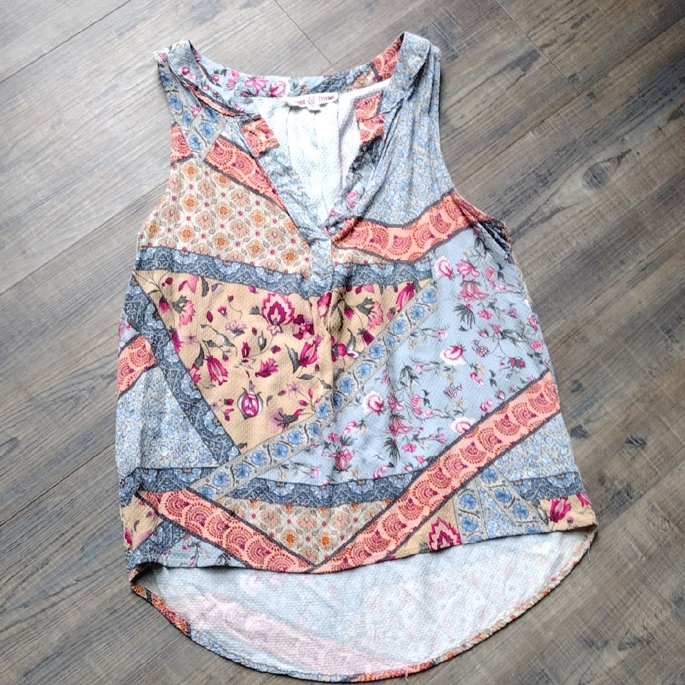 Asymmetrical Blue and Pink Tank Top with Mandarin Collar